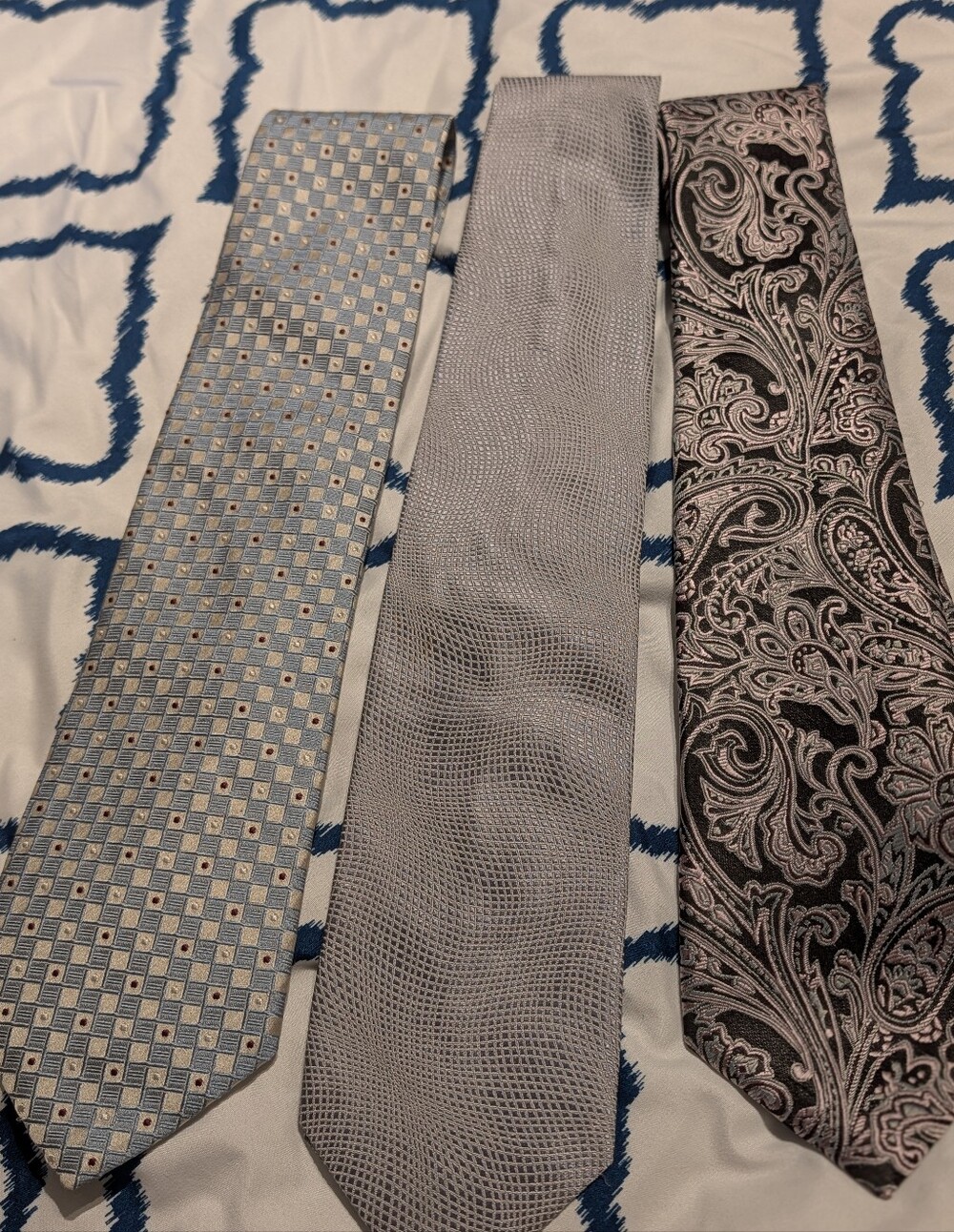 Three-Pattern Men's Neckties — Blue, Silver, Black/Pewter Set Of 3